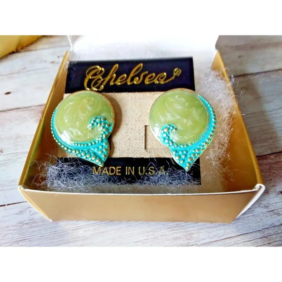 Stunning Vintage 1980s Green and Blue Enameled Earrings - Picture 4 of 4